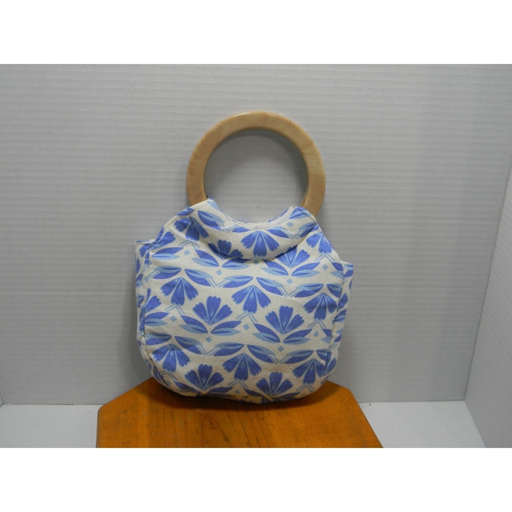 Blue White Floral Fabric Handbag Round Handles Small Tote Purse Cottagecore